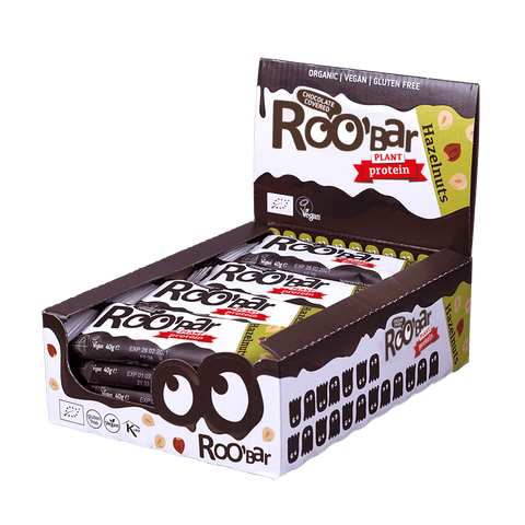 Ekologiškas baltymų batonėlis su lazdyno riešutais, padengtas šokoladu