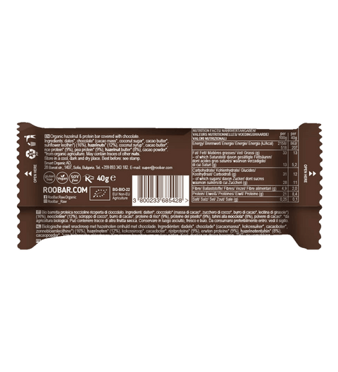 Ekologiškas baltymų batonėlis su lazdyno riešutais, padengtas šokoladu