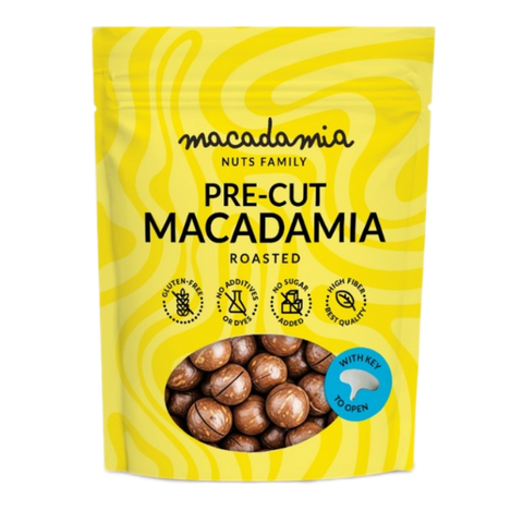 Įpjauti skrudinti makadamijų riešutai