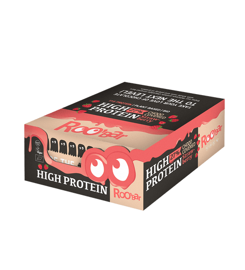 Ekologiškas baltyminis batonėlis su rožiniu šokoladu ir braškėmis