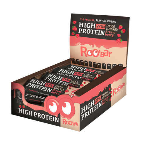 Ekologiškas baltyminis batonėlis su rožiniu šokoladu ir braškėmis