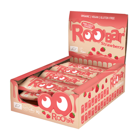 Ekologiškas rožinis šokoladu dengtas braškinis batonėlis